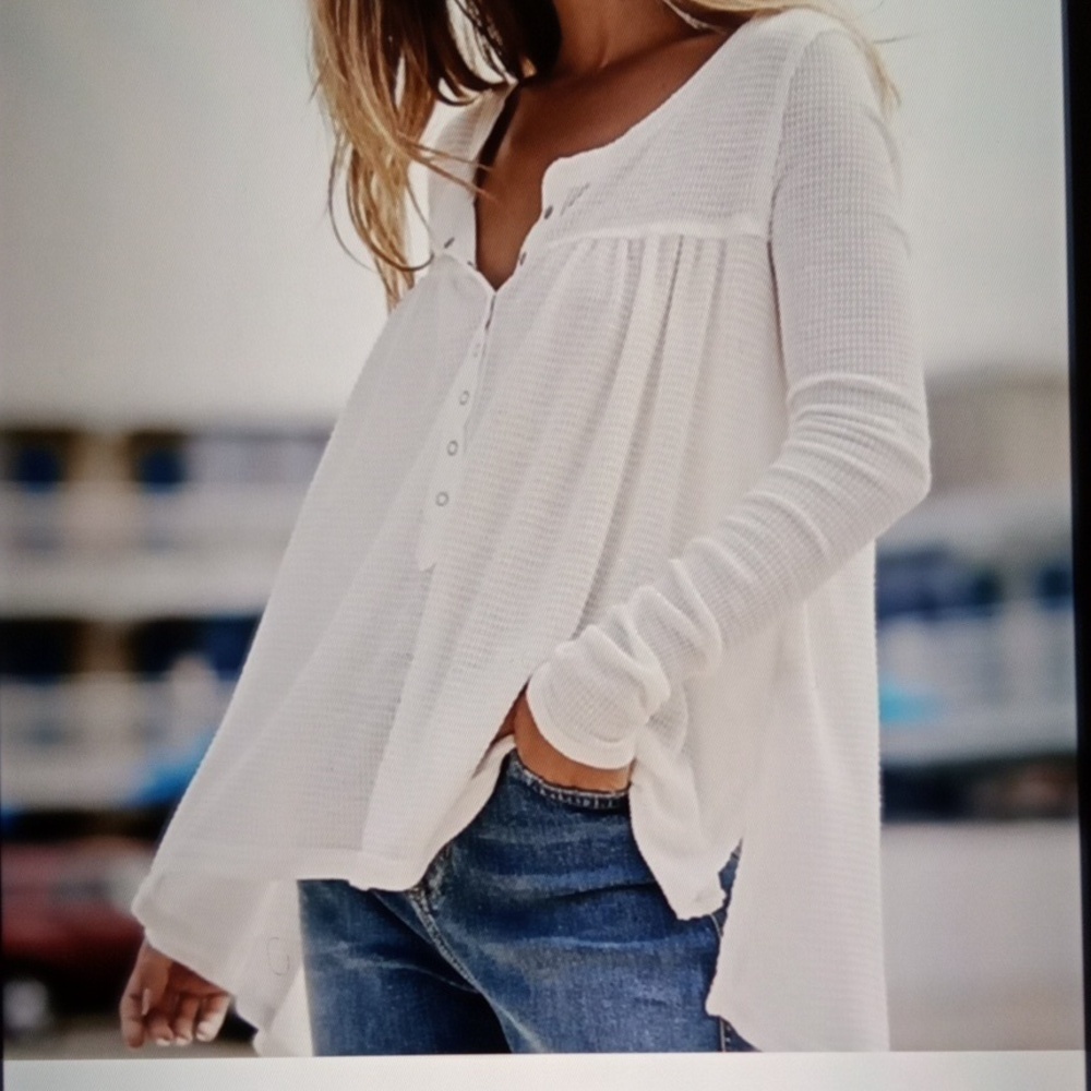 We The Free White Kai Henley Oversize Flowing  Babadoll Long Sleeve WomensXS/TP
